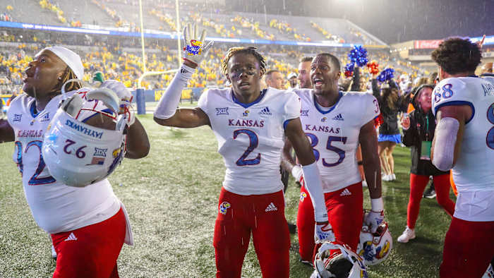 Kansas football celebrates its overtime win at WVU